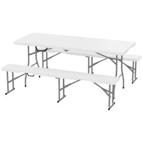 6FT 3 PCS Portable Camping Table and Chairs, Folding Picnic Table Bench Set with Carrying Handles for BBQ, Party, White 6FT 3 PCS Portable Camping Table and Chairs, Folding Picnic Table Bench Set with Carrying Handles for BBQ, Party, White